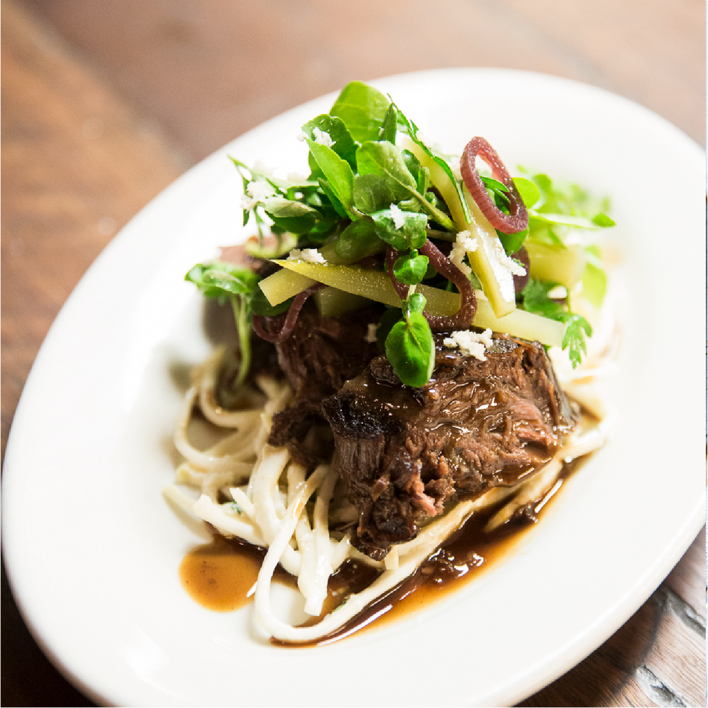 Braised Beef Cheek with Celeriac remoulade and pinot pickled shallot salad