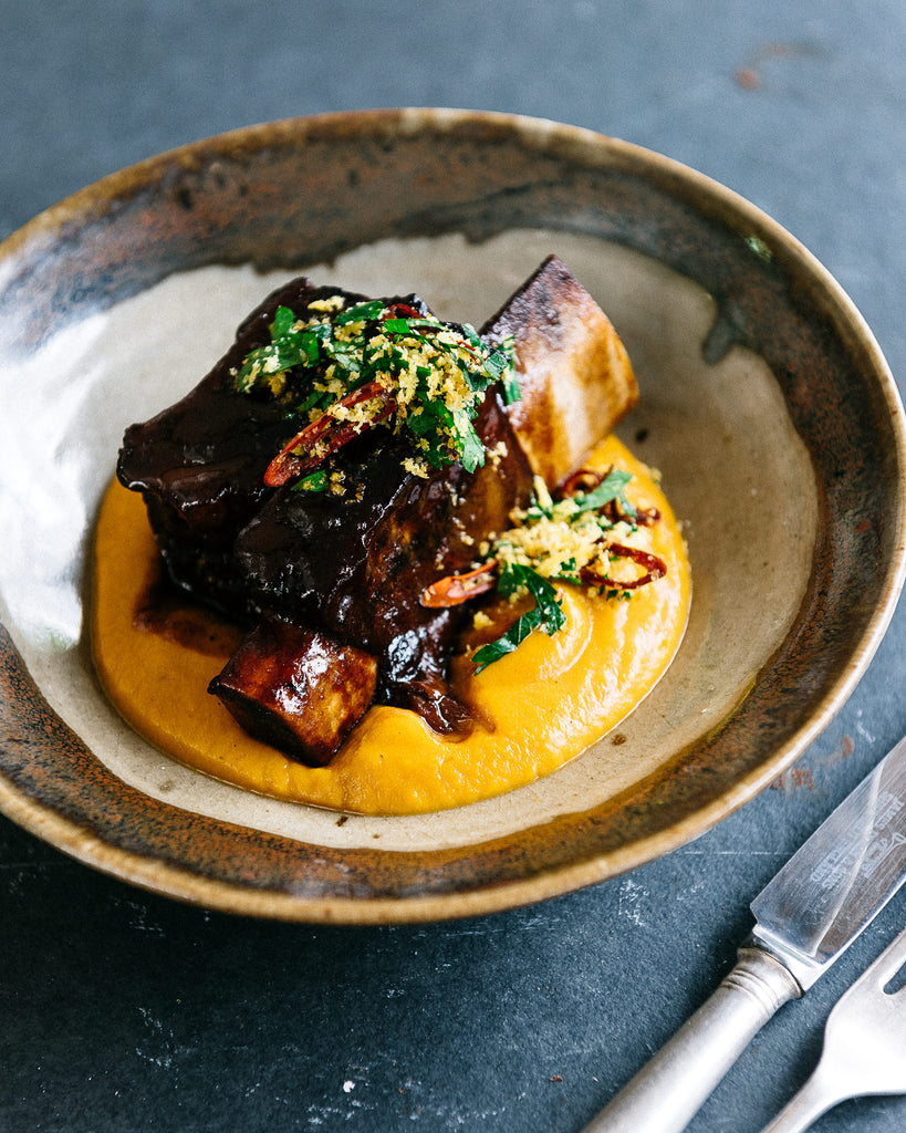 Beef short ribs with pumpkin, maple and paprika puree