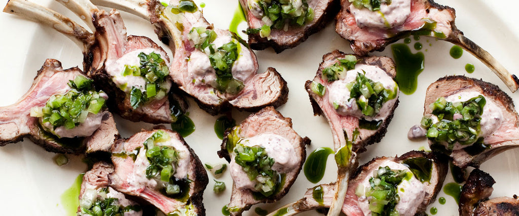 Lamb rack chops w/ black olive anchovy mayo and salsa verde