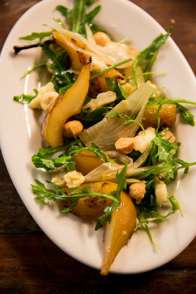 Cider Poached Pears w/ Blue cheese, pickled fennel & Macadamia nuts.
